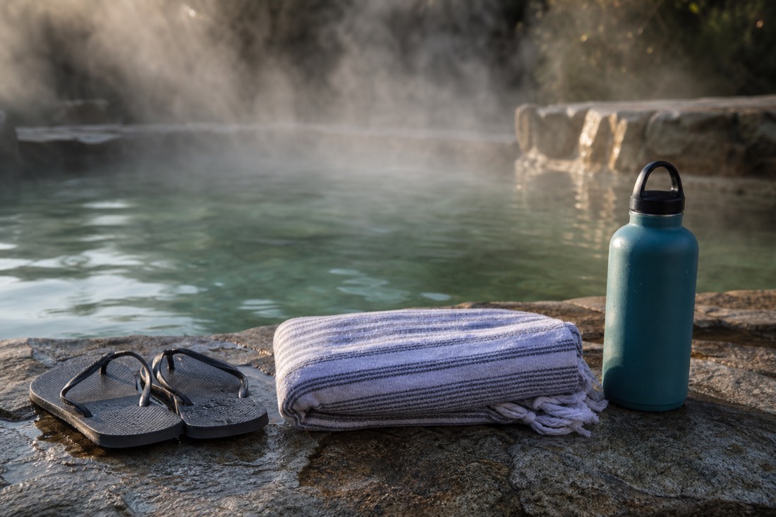 Flip-flops, folded towel and water bottle arranged beside a thermal pool ledge in Budapest