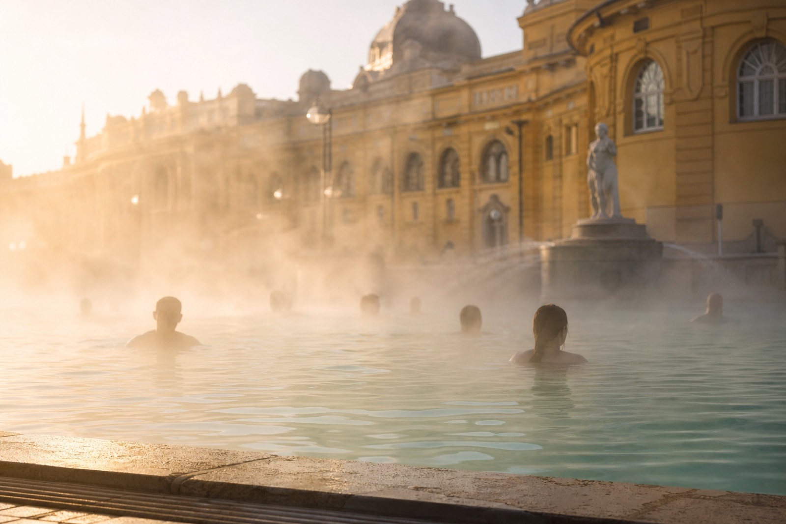 Steam rising off an outdoor thermal pool at a Budapest bath in the early morning light