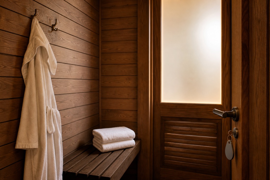 Private wooden changing cabin with towels and a locked door inside a Budapest spa