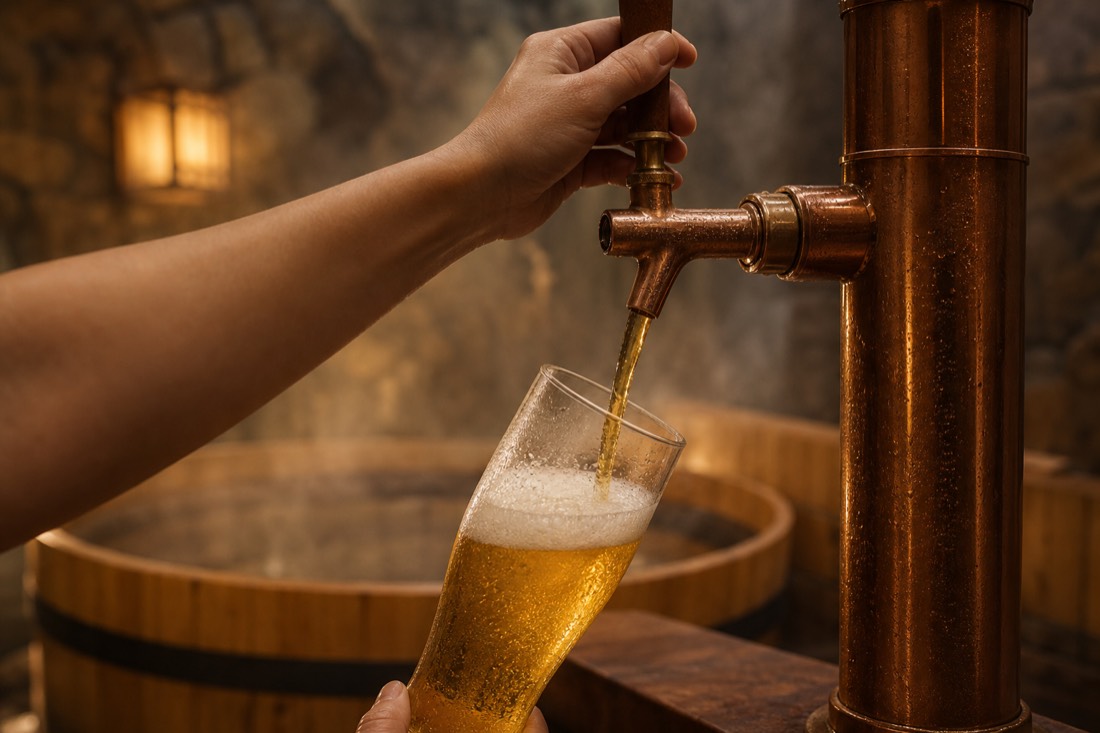 Hand pouring draft beer from a copper tap beside a wooden spa tub