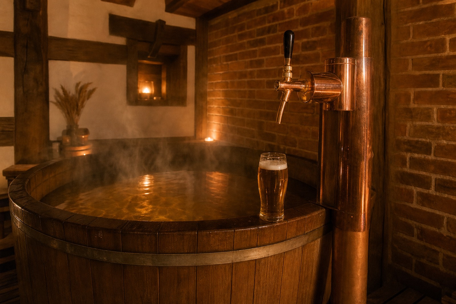 Wooden hot tub with a copper beer tap beside it in a warm-lit Budapest beer spa room