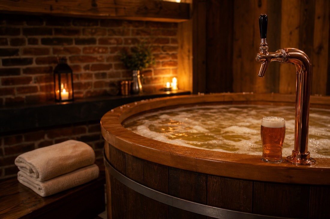 Wooden hot tub for two with a personal copper beer tap in a private Budapest beer spa room
