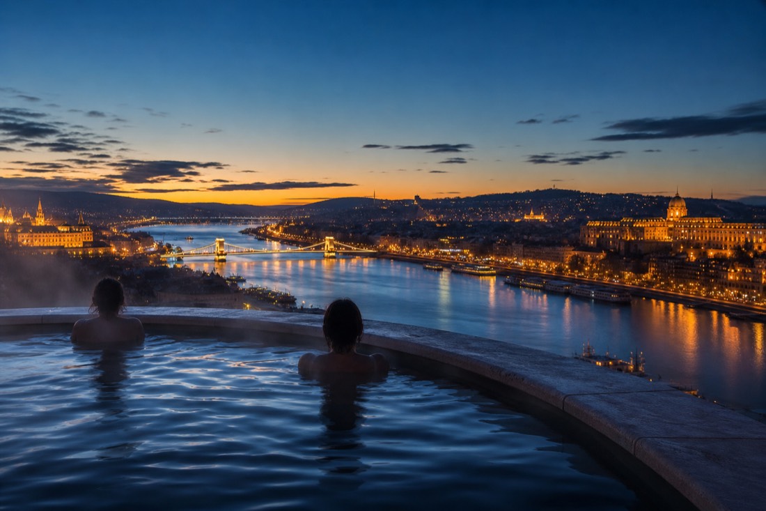 Rooftop thermal pool at dusk with a view over the Danube from the Buda side of Budapest