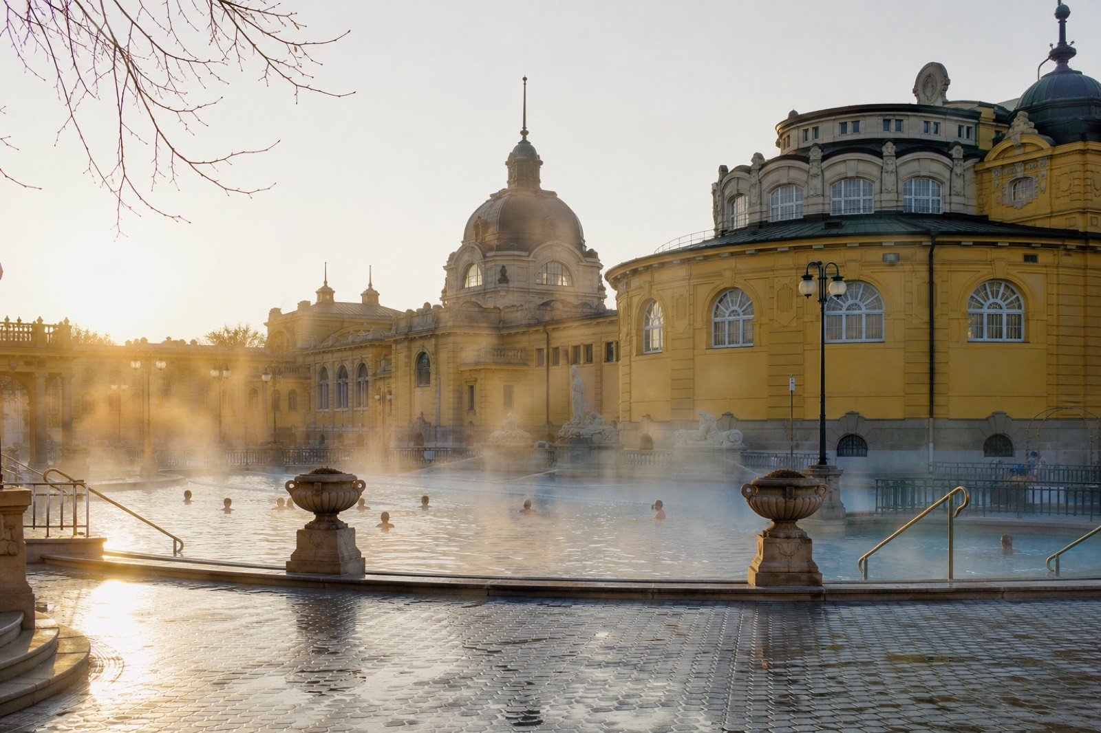 Steam rising off an outdoor thermal pool at a grand yellow Budapest bathhouse in soft morning light
