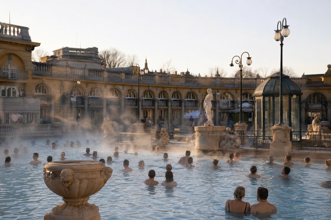 Mixed crowd of visitors soaking in a large outdoor thermal pool beside ornate baroque architecture