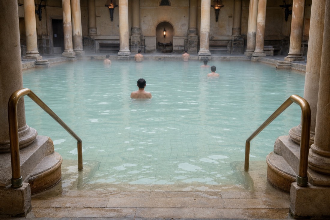 Shallow warm thermal pool with bathers standing chest deep near stone steps and brass rails