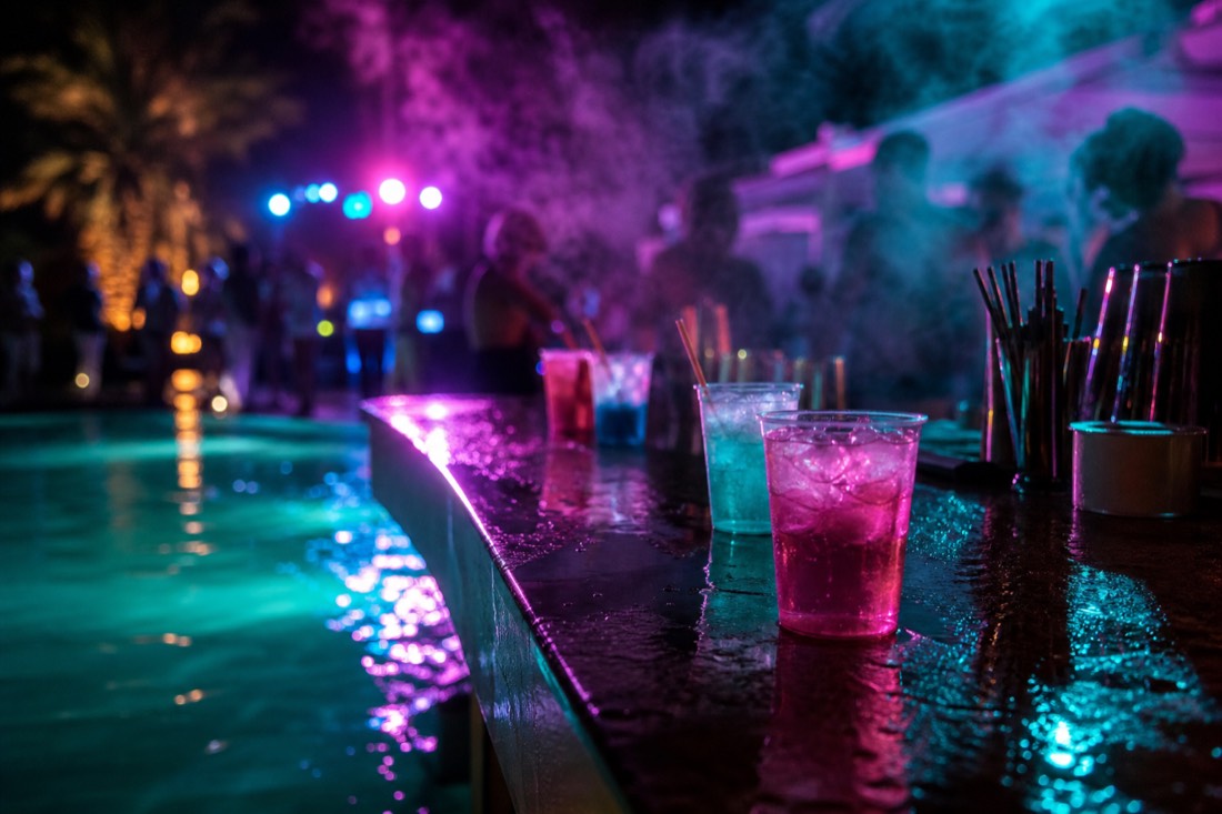 Poolside bar counter with drinks under colored lights at a night spa party in Budapest