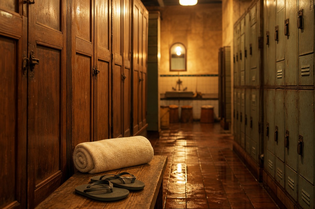 Locker corridor of a historic Budapest bathhouse with towels and flip-flops ready for a night event