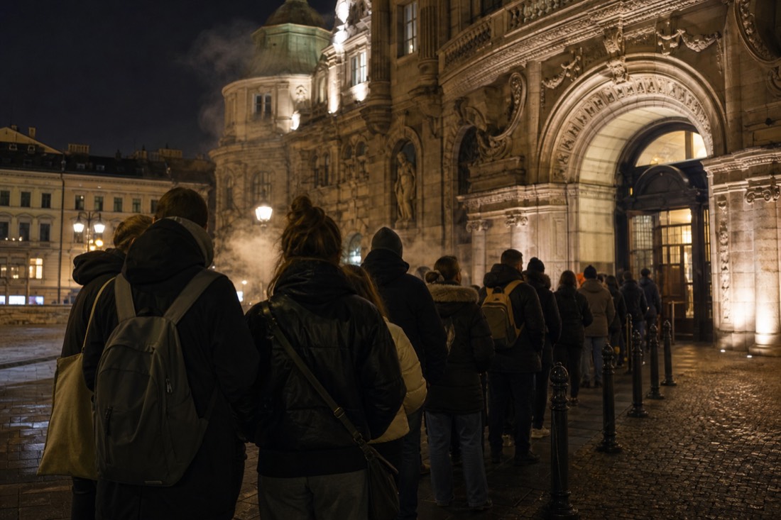Queue of party guests outside a floodlit Budapest thermal bath entrance on a Saturday night
