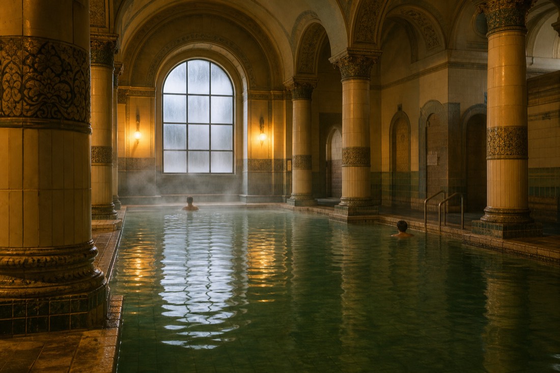 Indoor medicinal pool hall of a historic Budapest bath with warm light and rising vapour