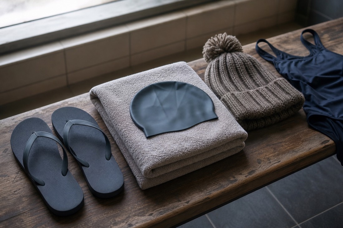 Open winter bath kit with flip-flops, folded towel, swim cap and wool hat on a wooden bench