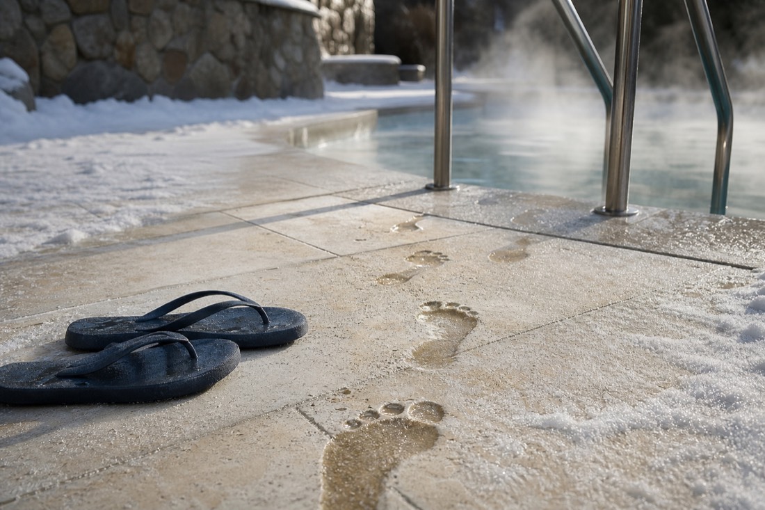 Wet footprints and flip-flops on snow-dusted stone beside the steps of an outdoor thermal pool
