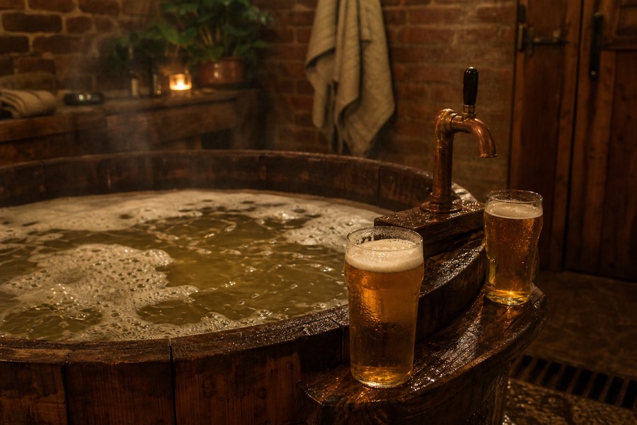 Wooden beer spa tub with a copper tap and two full glasses beside it in warm candle-like light