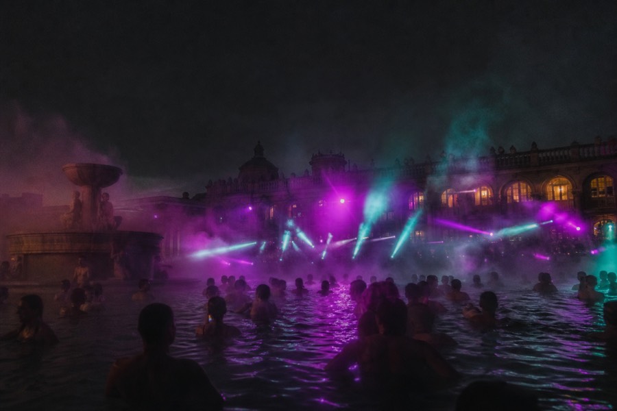 Colored lights and steam over an outdoor thermal pool at night during a Budapest spa party