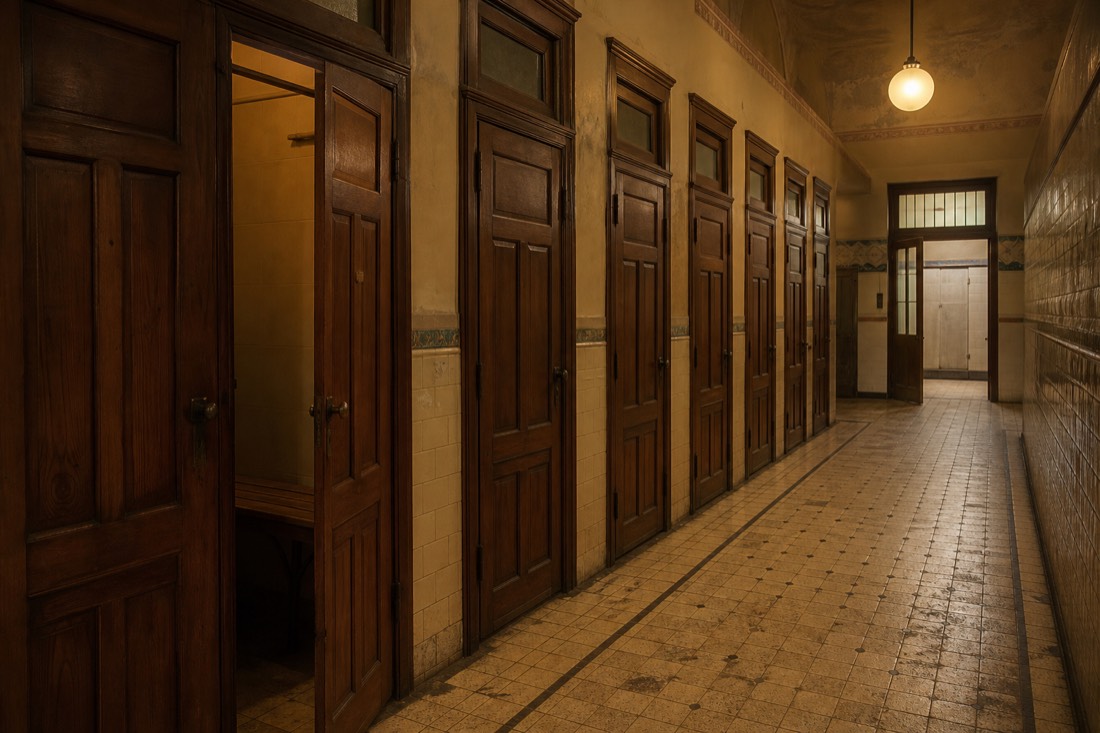 Row of numbered wooden changing cabins along a tiled corridor inside a historic bathhouse