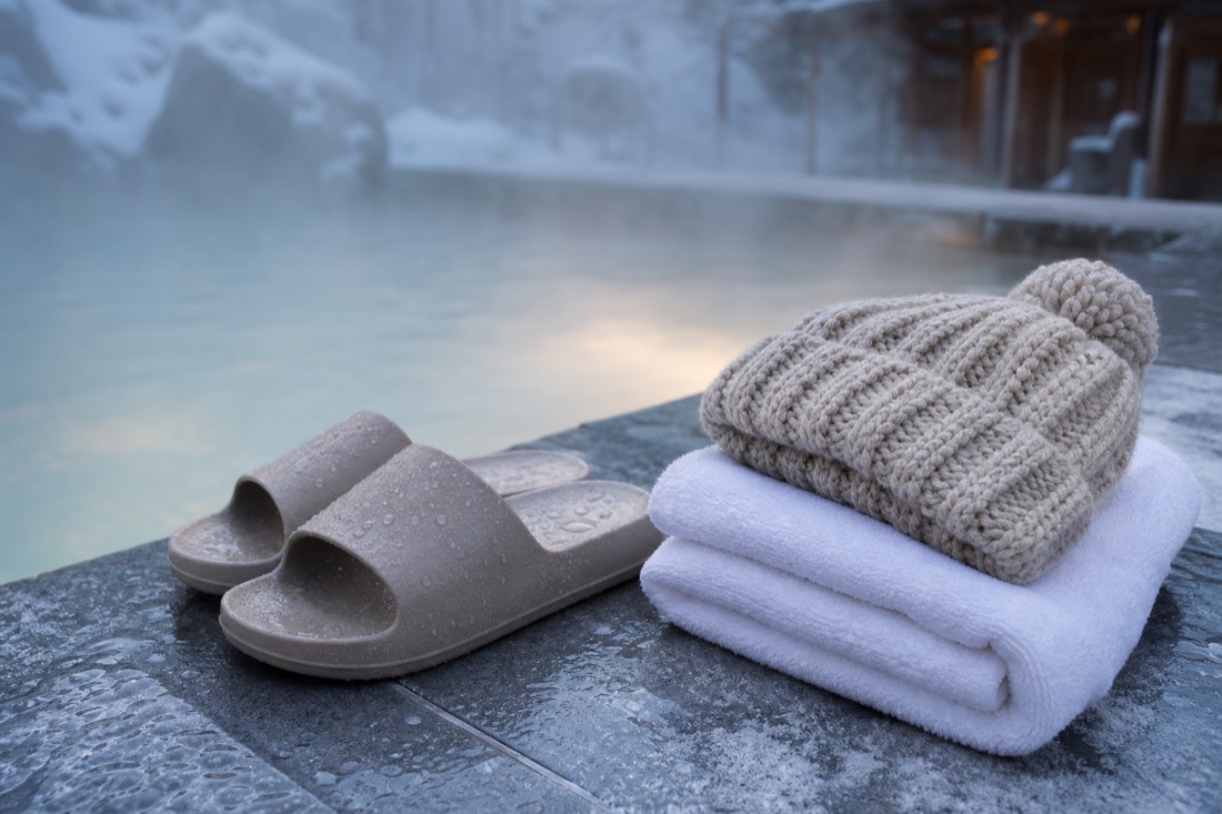 Flip-flops, towel and wool hat beside a thermal pool in cold weather