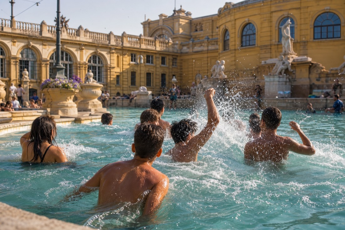 Teenagers seen from behind enjoying the churning leisure pool of a grand outdoor Budapest bath