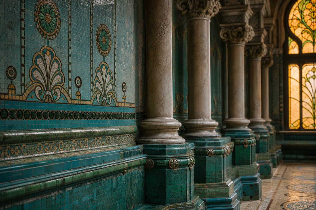 Ornate mosaic tilework and stained glass details inside a historic European bathhouse hall