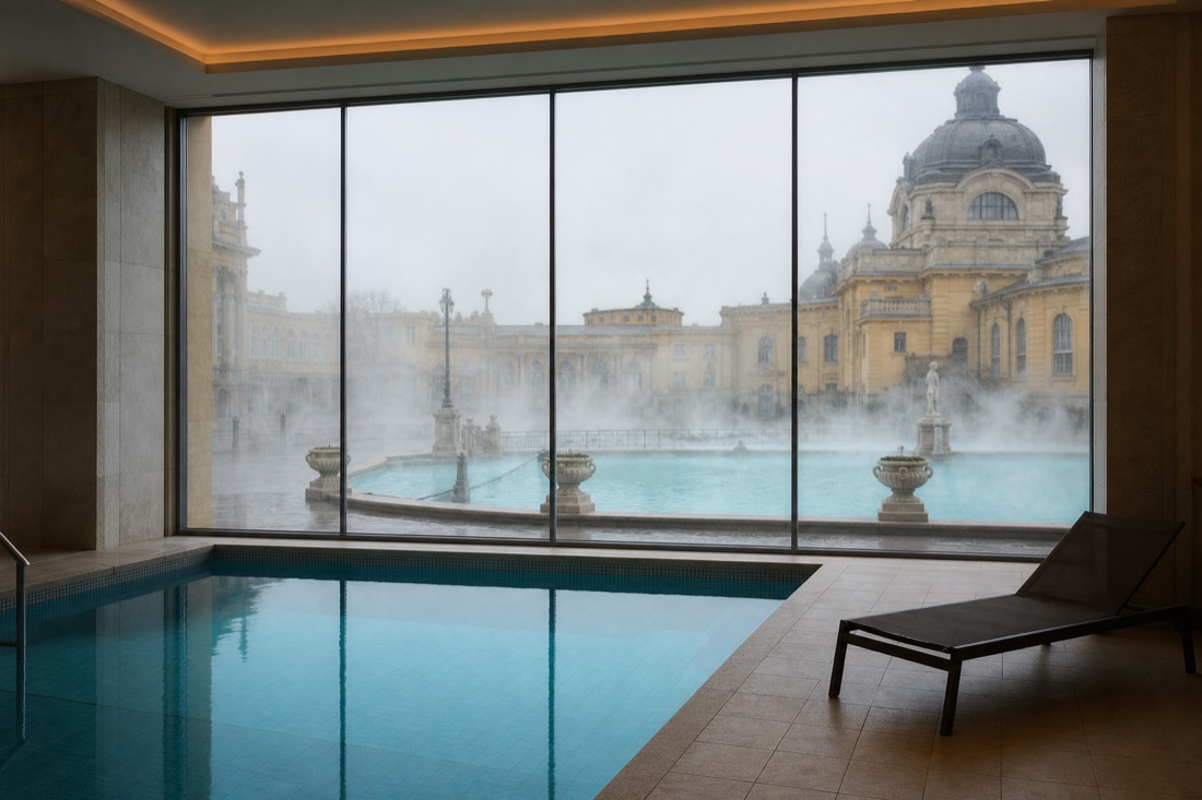 Steam rising from a spring-fed thermal pool in Budapest beside a plain heated hotel pool, showing the difference in atmosphere