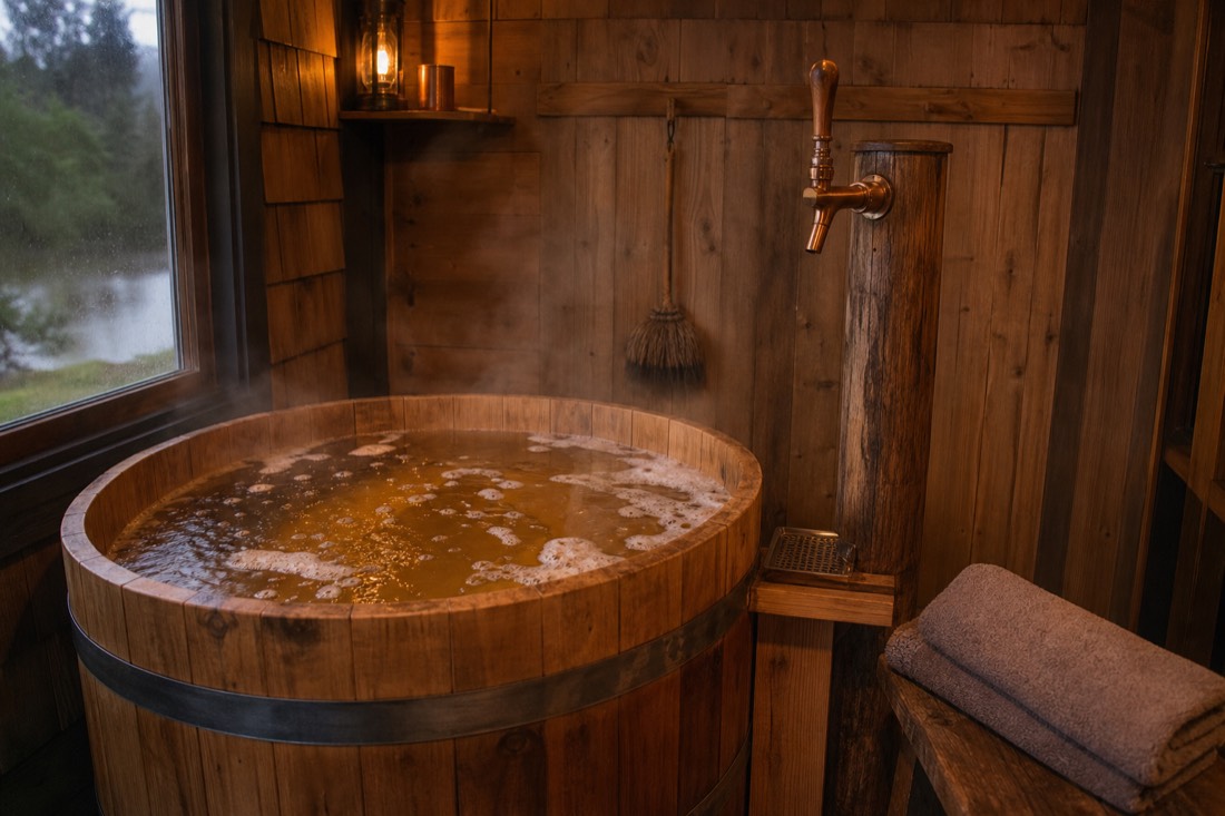 Wooden hot tub filled with amber water beside a small copper beer tap in a private cabin at a Budapest beer spa