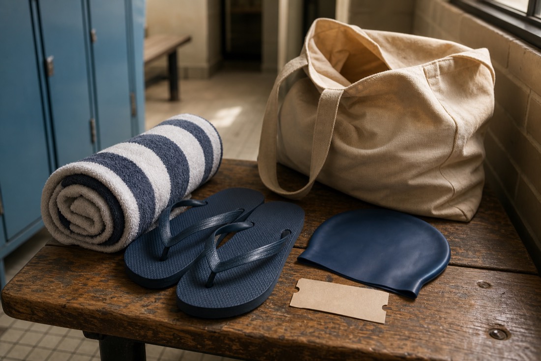 Towel, flip-flops and swim cap packed in a bag beside a bath entrance ticket on a wooden bench