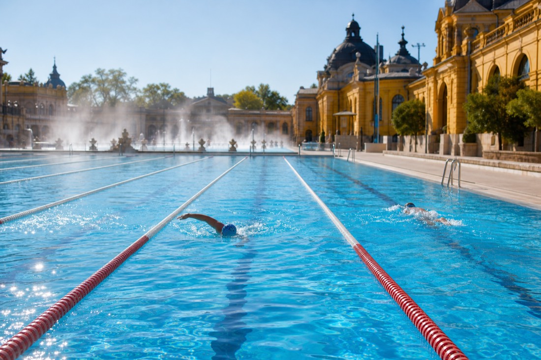 Swimmers cooling off in a 50 metre outdoor pool beside warm thermal pools on a bright summer day in Budapest