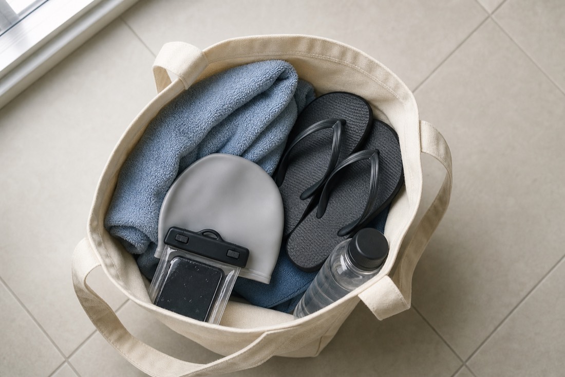 Open beach bag packed with towel, flip-flops, swim cap and waterproof phone pouch for a thermal bath day