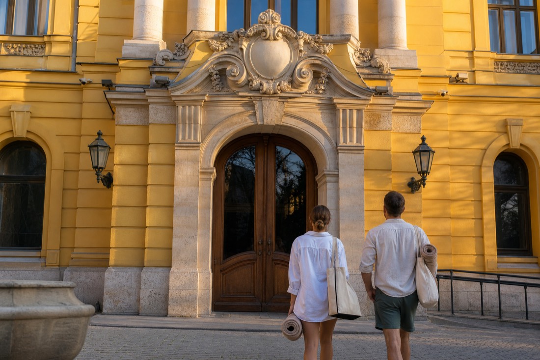 Grand arched entrance doors of a yellow neo-baroque bathhouse in Budapest with visitors carrying towels