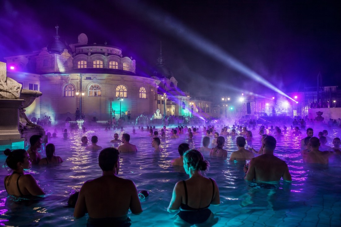 Colorful lights over a crowded outdoor thermal pool at night during a Budapest spa party, steam in the air
