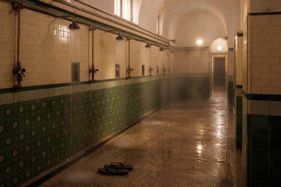 Row of open showers with steam in a tiled historic bathhouse corridor, flip-flops on the wet floor