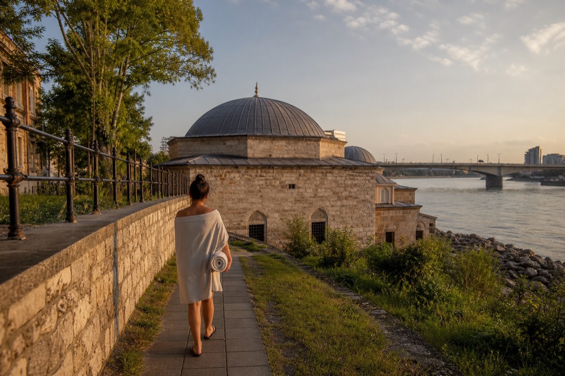Bather walking along a Danube embankment path toward a domed Ottoman bath in soft afternoon light