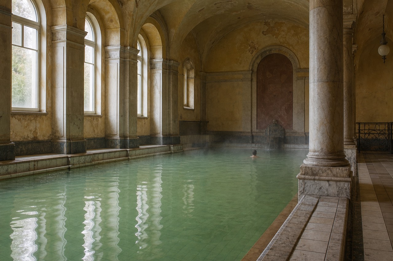 Indoor thermal pool hall with columns, tiled edges and still green water in soft light