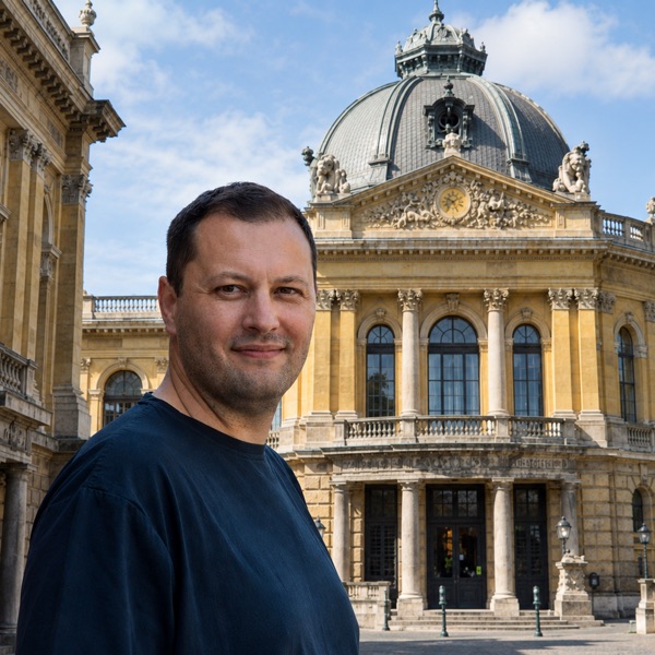 Gabor Kovacs beside the outdoor pool colonnade of a Budapest thermal bath